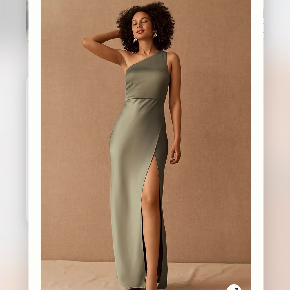 BHLDN brand new green satin one shoulder maxi dress with slit